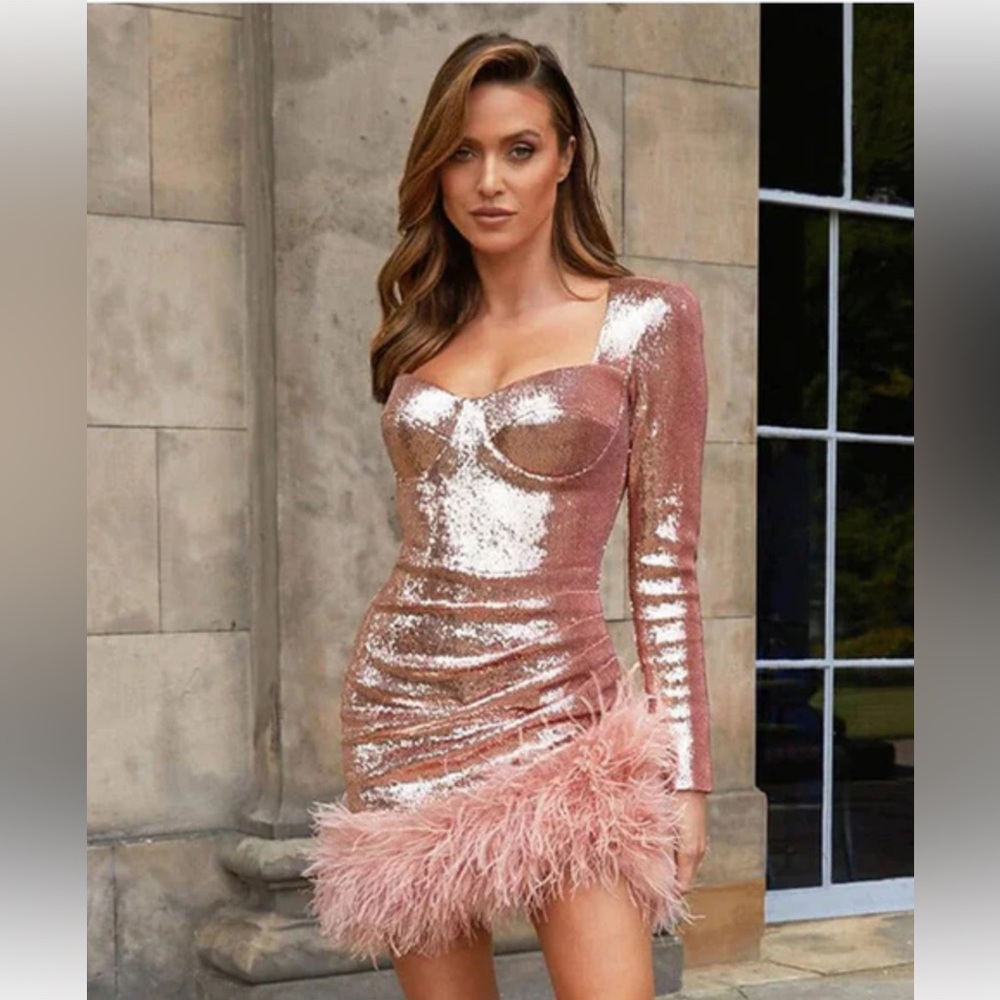 Sequin & feather rose gold dress